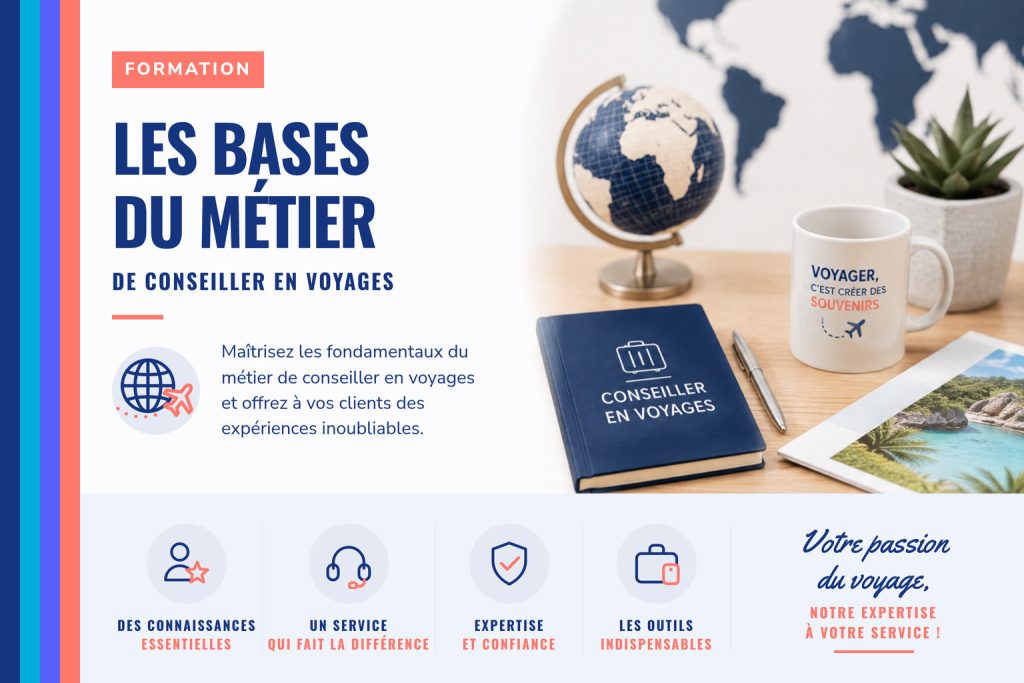 Bandeau de la formation Les bases du métier de conseiller en voyages, pour futurs conseillers au Québec